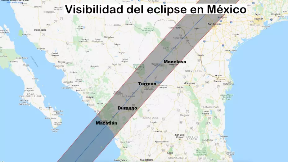 Mapa de México por donde pasará el eclipse solar total en 2024