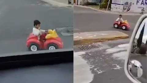 Captan a bebé en un carro de juguete en plena avenida; se le escapó a su mamá