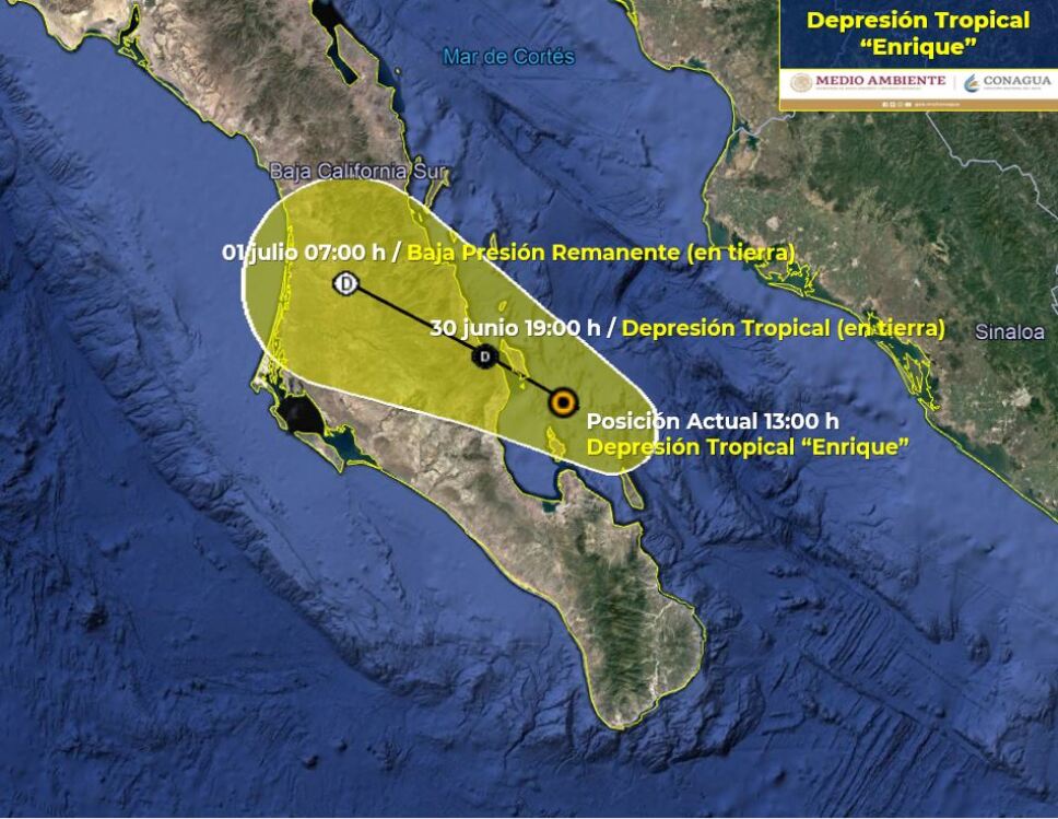 La depresión tropical Enrique se localiza muy cerca de la costa de Baja California Sur, sus bandas nubosas ocasionarán lluvias.