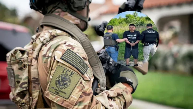 Foto de primer plano del uniforme de un agente del ICE e imagen de detención de “El Leches”