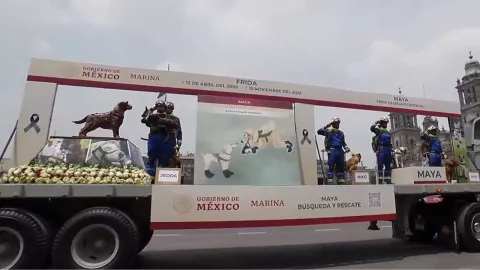 Rinden homenaje a Frida, la perrita rescatista de la Sedena, durante el Desfile Militar 2023