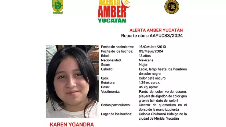 Alerta Amber_ Piden ayuda para localizar a la menor Karen Dzul, desaparecida en Yucatán.