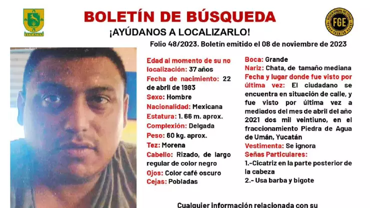 Emiten boletín de búsqueda en Yucatán por Tomás Flores Peralta de 37 años