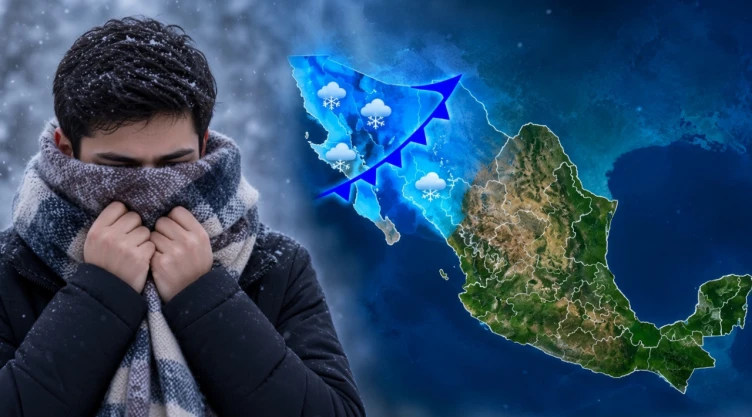 Hombre abrigado mientras se muestra el mapa de México que indica la trayectoria del frente frío hacia el sureste.