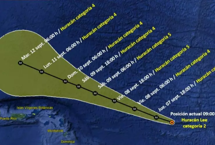 Trayectoria del huracán Lee en el Atlántico hacia El Caribe, amenaza con llegar a ciclón categoría 5