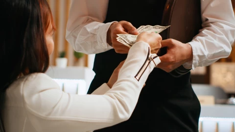 Clienta le paga a mesero en un restaurant