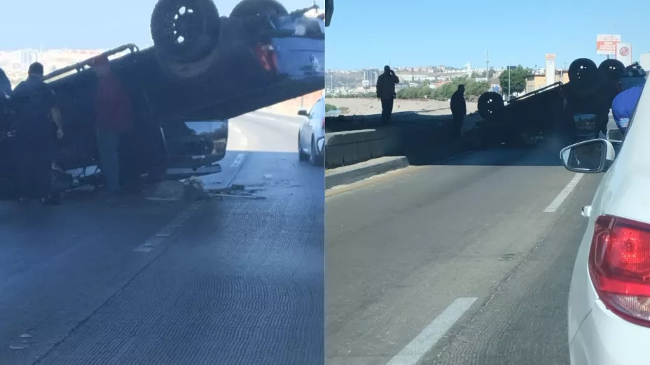 Choque y volcadura en la Vía Rápida Oriente de Tijuana la mañana de hoy