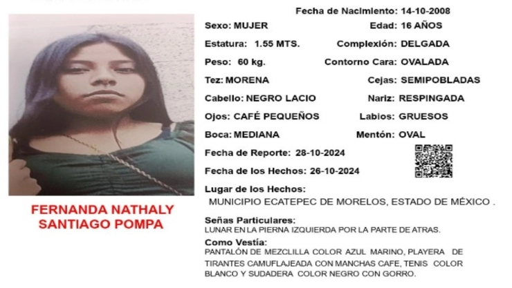 ALERTA AMBER: ¡Urgente! Fernanda Nathaly Santiago Pompa desapareció en el Estado de México; apoya a localizarla