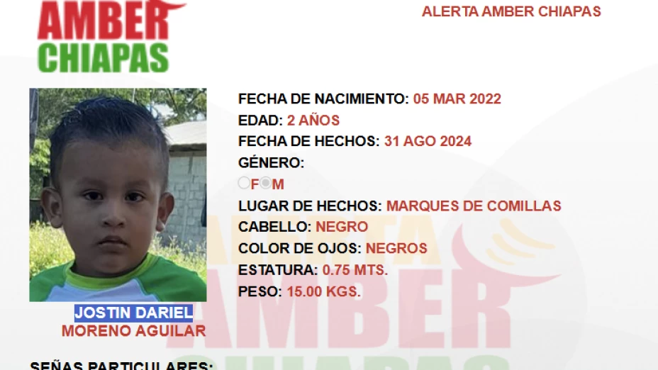 ALERTA AMBER CHIAPAS 2024: Jostin Dariel tiene 2 años y desapareció en Marqués de Comillas