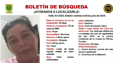 FGE emite boletín de búsqueda por mujer desaparecida en Yucatán