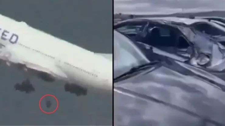 ¡De terror! Avión pierde una rueda en pleno vuelo y cae sobre varios vehículos (VIDEO)