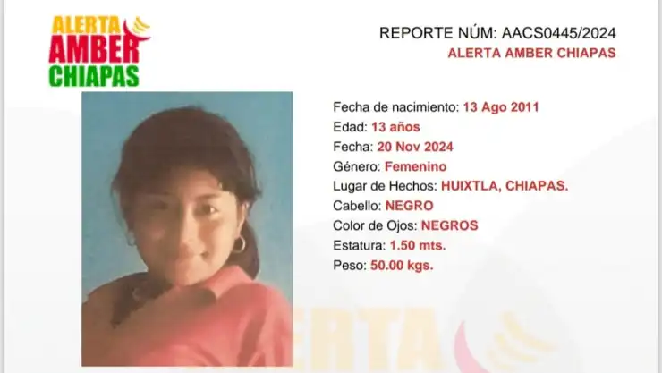 ALERTA AMBER CHIAPAS: Yisel Sahari fue vista por última vez en Huixtla, Chiapas