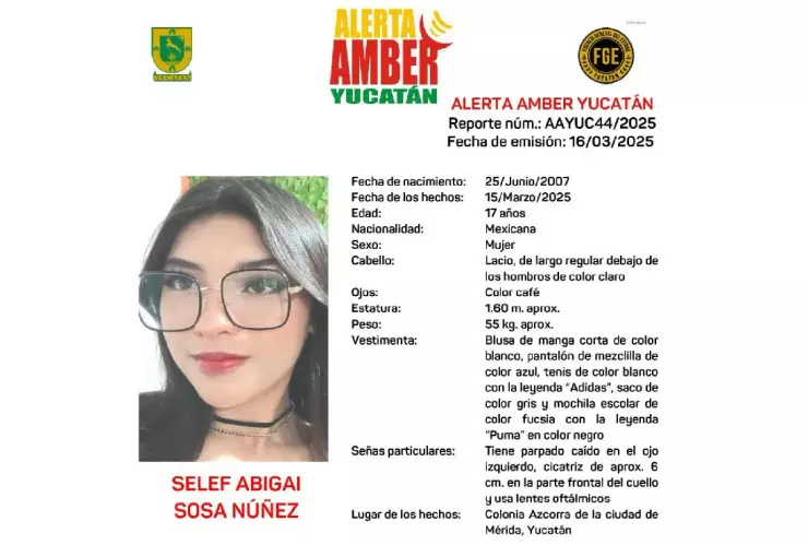 ¿La has visto_ Activan Alerta Amber por desaparición de Selef Sosa en Yucatánnuevo