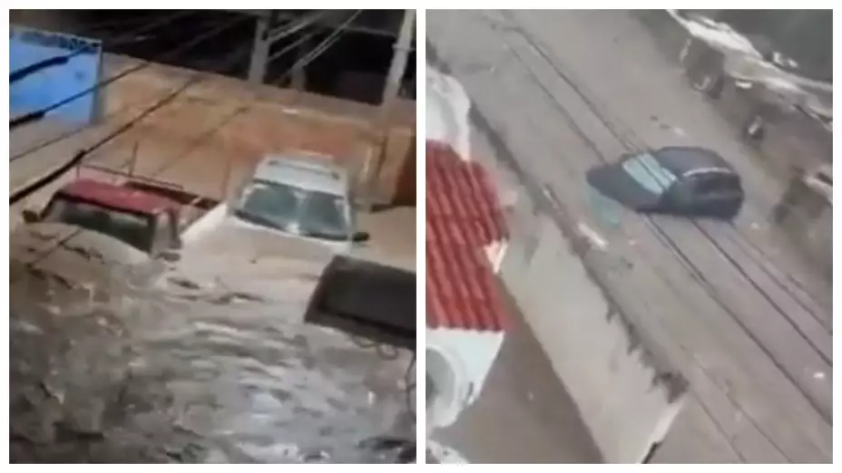 Caos en La Martinica, Zapopan: Fuertes lluvias provocan inundaciones y estragos: VIDEOS. En la imagen se observa la fuerza de la corriente provocada por la tormenta; arrastra autos e inunda casas.