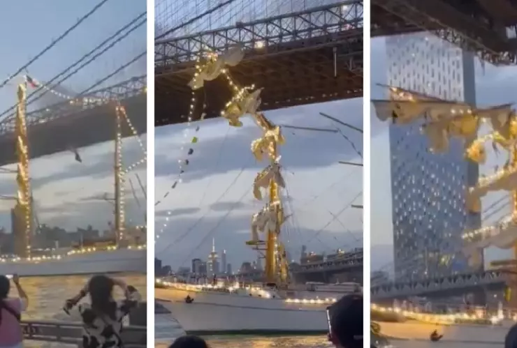 VIDEO_ Así fue el momento en que Buque de la Marina Mexicana choca contra el Puente de Brooklyn; dos personas murieron