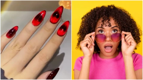 Diseños de uñas con efecto ojo de gato en color rojo