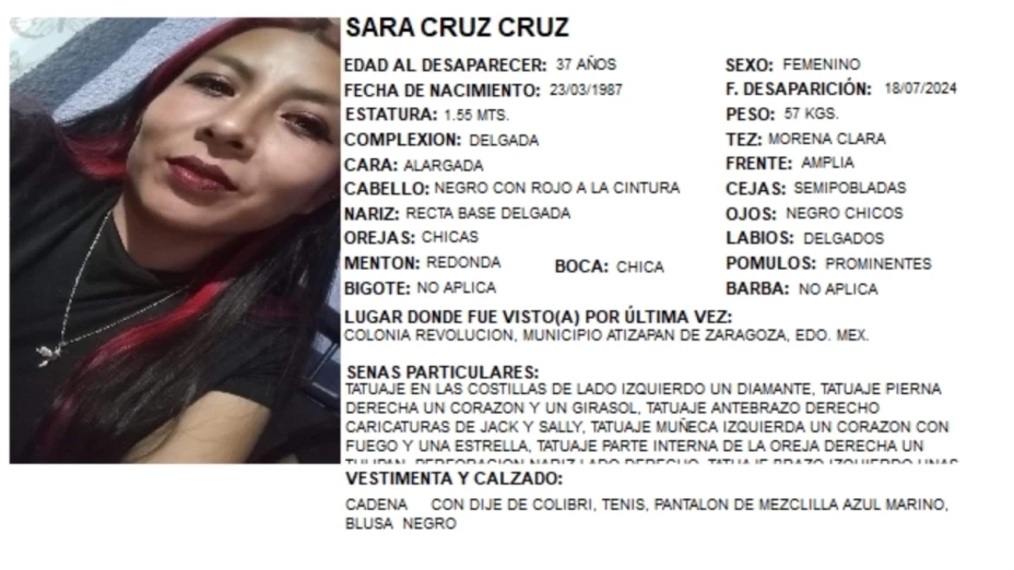 Ficha de búsqueda de Sara Cruz Cruz tras ser reportada como desaparecida en Atizapán, Estado de México.