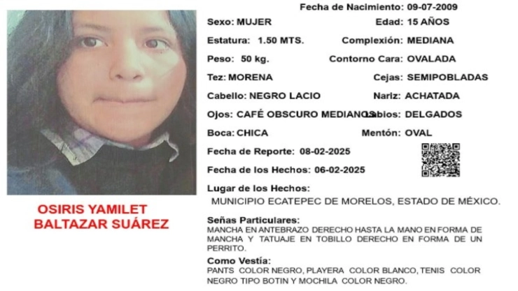 ALERTA AMBER URGENTE: Osiris Yamilet Baltazar Suárez desapareció en el Estado de México