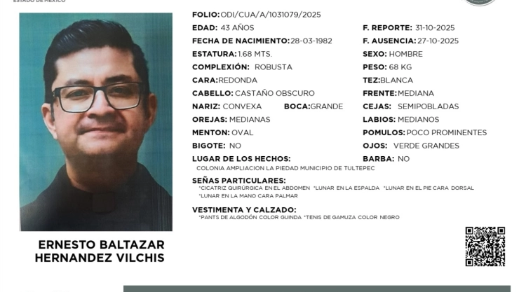 El sacerdote Ernesto Baltazar Hernández Vilchis desapareció el 27 de octubre de 2025.