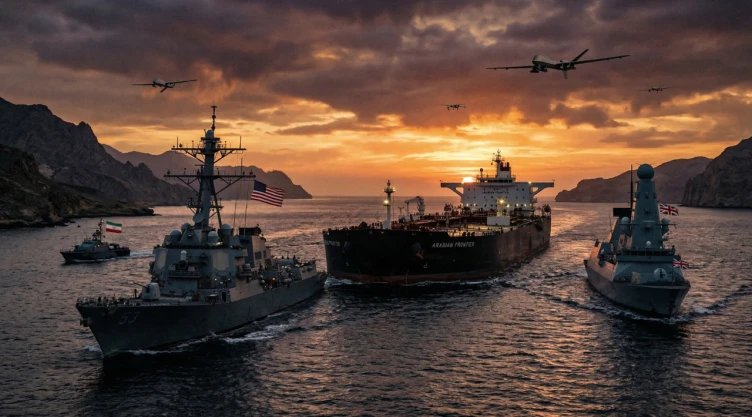 Superpetrolero cruzando el estrecho de Ormuz al atardecer escoltado por buques militares, drones sobrevolando la zona, banderas de Irán y Estados Unidos sutilmente presentes, estilo fotorealista cinematográfico.