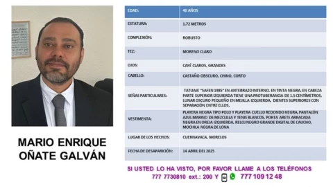 Reportan desaparición de Mario Enrique Oñate, funcionario del Gobierno de Morelos.