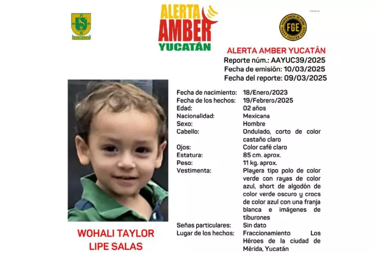Activan Alerta Amber en Yucatán por DESAPARICIÓN de niño de 2 años