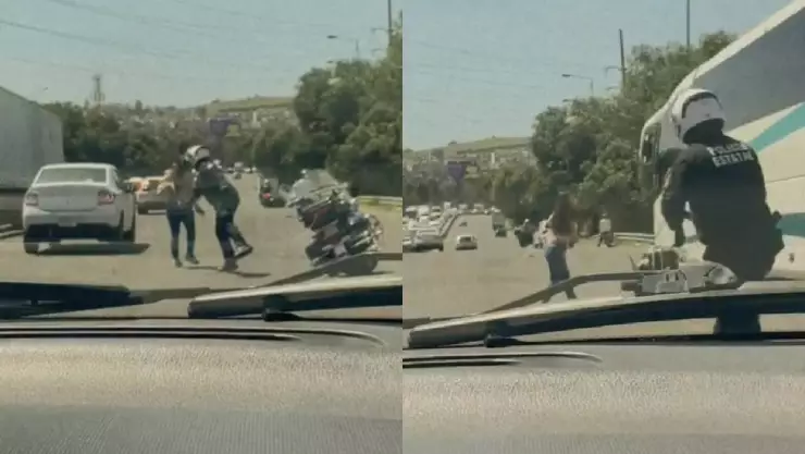 Mujer y policía pelean en plena vía pública