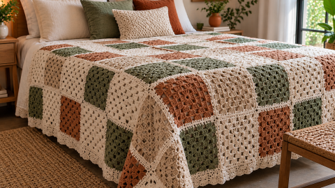 Cubresábanas de crochet con bloques de color