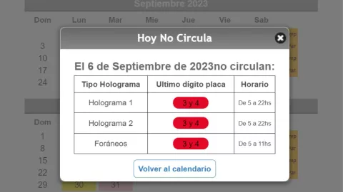 Calendario del Hoy No Circula para el miércoles 6 de septiembre de 2023