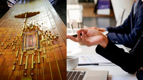 Imagen de una virgen de Guadalupe y un banco a lado