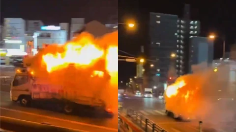 Camión incendiado en Japón
