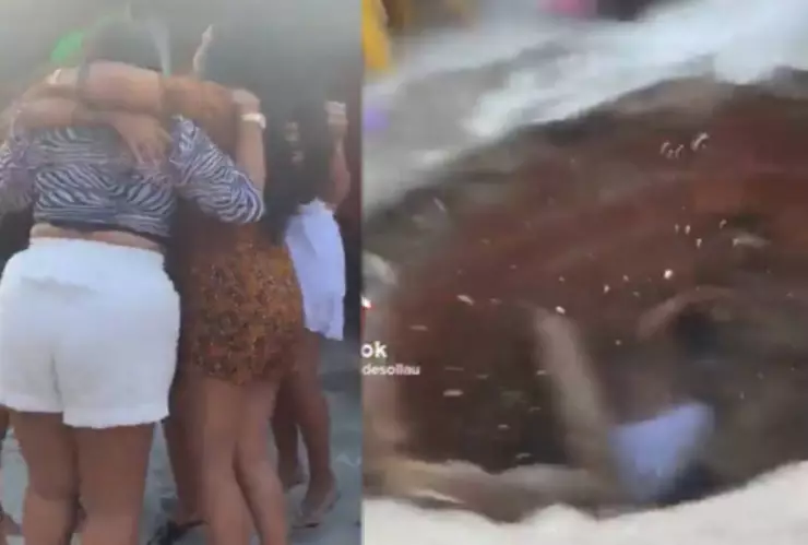 Mujeres caen en socavón mientras bailan.jpg