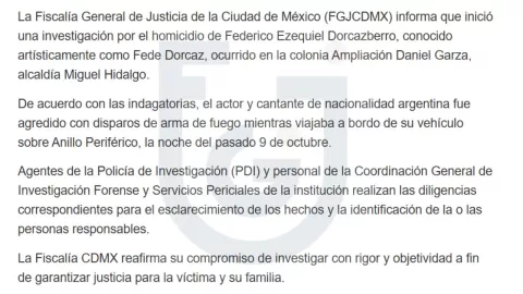 Comunicado de la FGJ CDMX sobre el asesinato de Fede Dorcaz en Periférico, CDMX