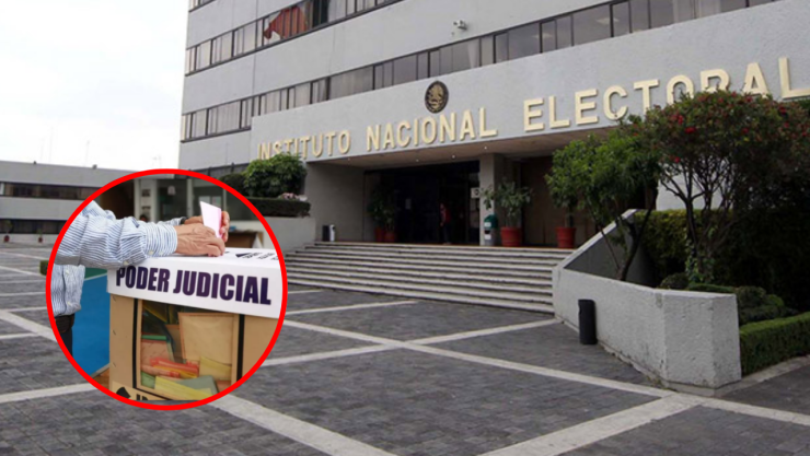 Urna con la leyenda “Poder Judicial” en un círculo rojo; detrás está la sede del Instituto Nacional Electoral (INE)
