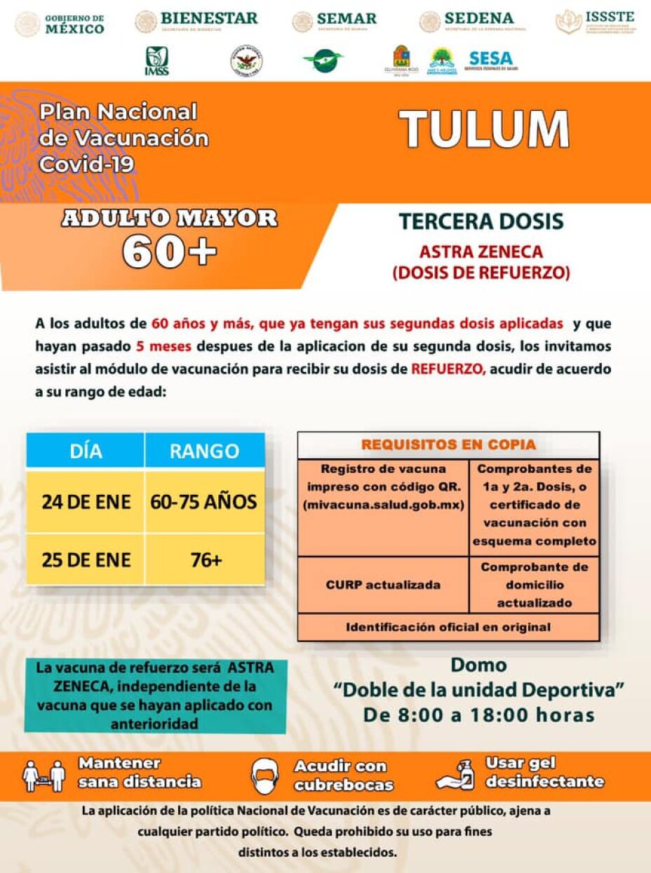 Fechas para tercera dosis en adultos mayores de 60 años en Tulum