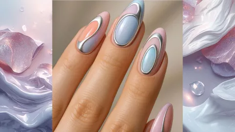 Uñas azul pastel con detalles románticos