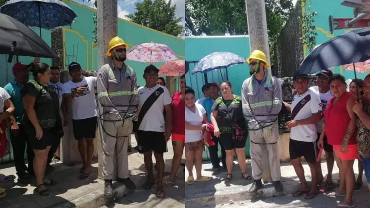 VIDEO Empleado de la CFE es amarrado a un poste; denuncian cortes de luz en Yucatán