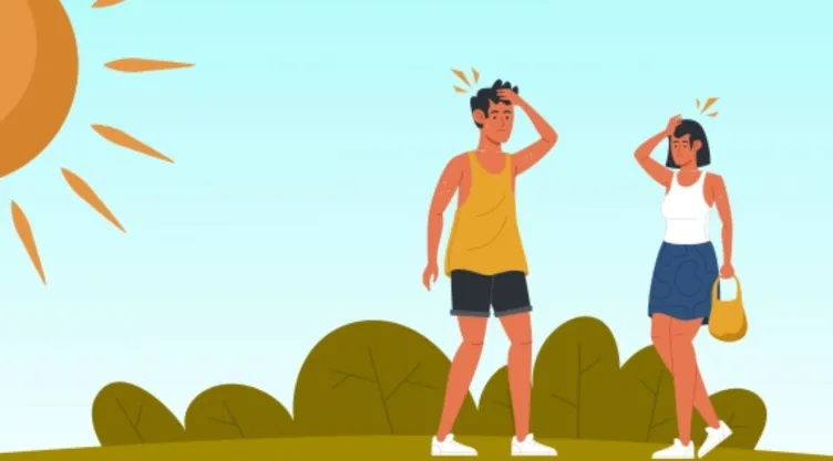 Un hombre y una mujer de caricatura sufriendo las consecuencias de las altas temperaturas.