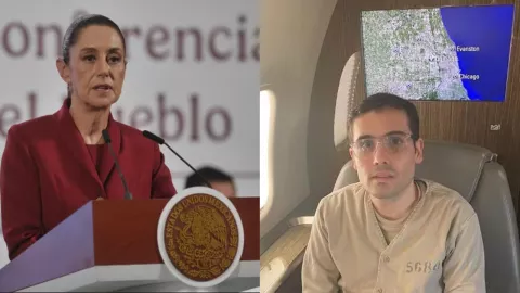 Sheinbaum durante conferencia matutina y ovidio guzman tras ser detenido