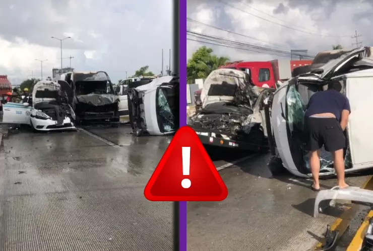 Grave accidente en el Boulevard Colosio de Cancún_ Vehículos protagonizan volcadura, incendio y tráfico este 30 de noviembre de 2025.webp