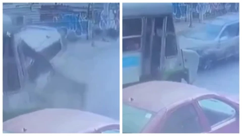 Captan momento exacto del aparatoso choque entre camioneta y micro en Iztacalco