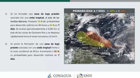 Conagua vigila dos zonas de baja presión que avanzan por el Atlántico