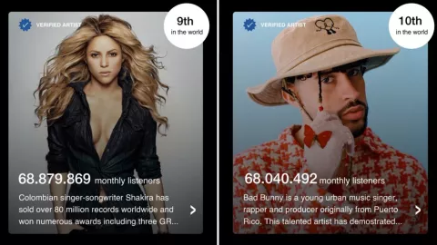 shakira supera bad bunny en spotify