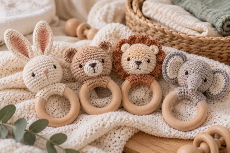 Sonajeros con aro de madera vestidos de crochet