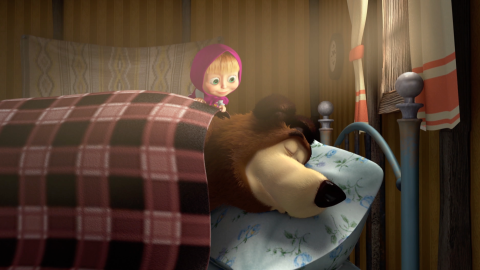 En la imagen, Masha ve dormir a Oso durante el invierno.