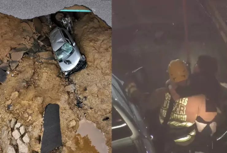 VIDEO Rescatan a madre e hija de un socavón en California