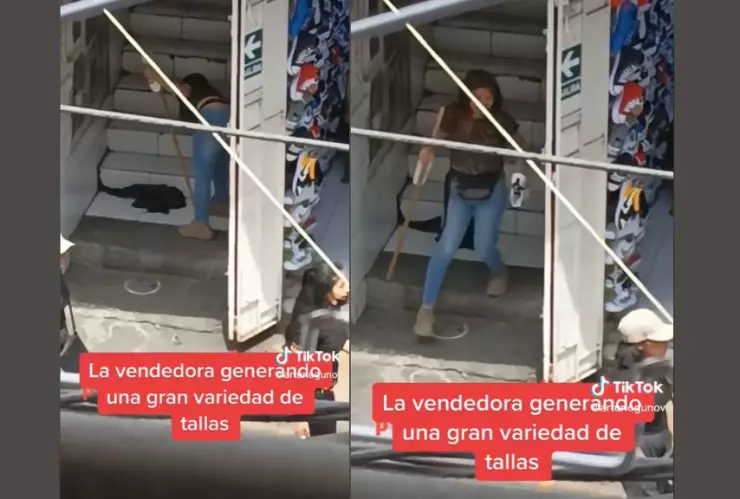 Vendedora agranda tenis en zapatería