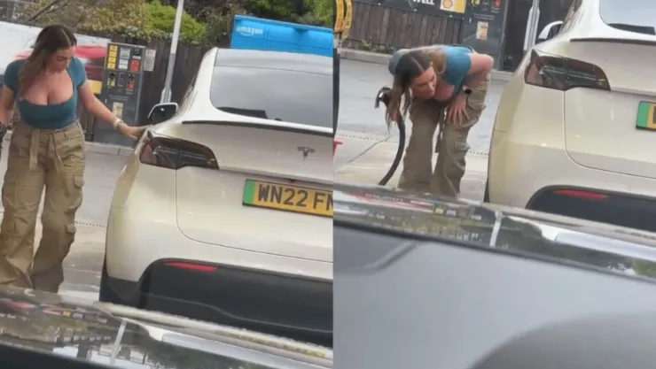 Mujer joven intenta cargarle gasolina a su camioneta Tesla