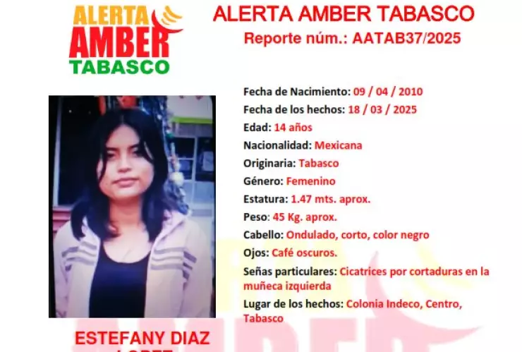 ALERTA AMBER TABASCO 2025: Estefany Díaz López desapareció en Centro