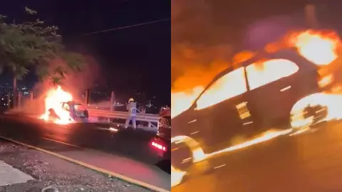 taxi se incendia sobre el Libramiento Norte, una persona se reportó calcinada al interior del mismo